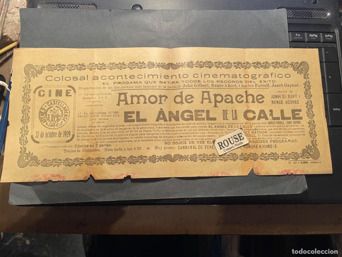 Cine: CINE - ANTIGUO PROGRAMA , CARTEL CINE ATENEO CASTELLARENSE 27 OCTUBRE 1929 AMOR DE APACHE , EL ANGEL