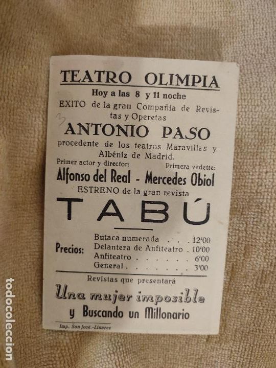 Cine: TABU. PROGRAMA DE CINE SENCILLO. CON PUBLICIDAD AL DORSO - Foto 2