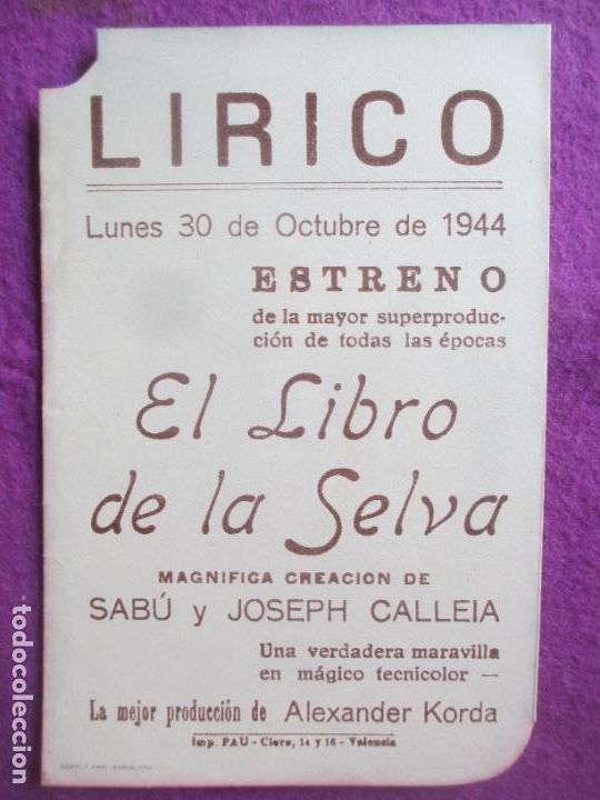 Cine: PROGRAMA DE CINE FOLLETO DE MANO EL LIBRO DE LA SELVA JOHN QUALEN PM274 - Foto 2