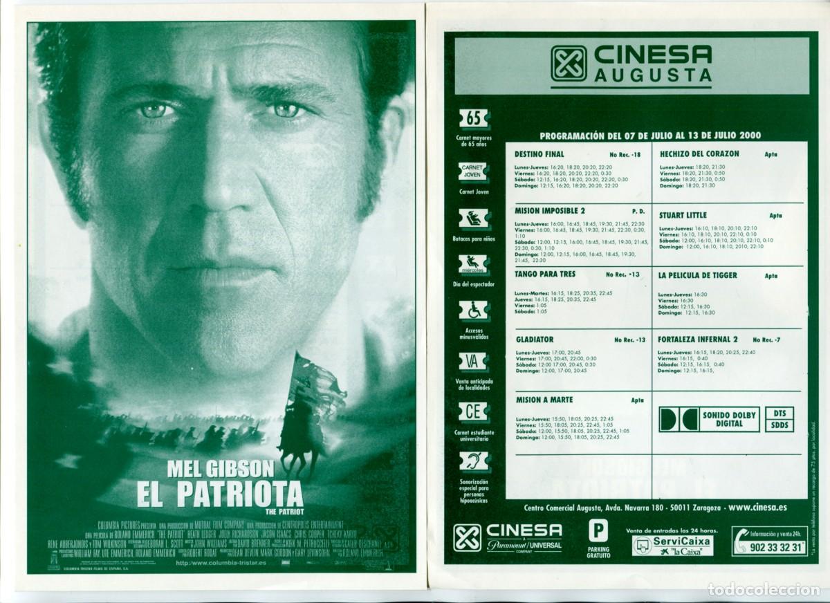  Foglietti di film di film antichi di cinema: EL PATRIOTA, con Mel Gibson. 15 X 21 cms. PROGRAMA DE CINESA.