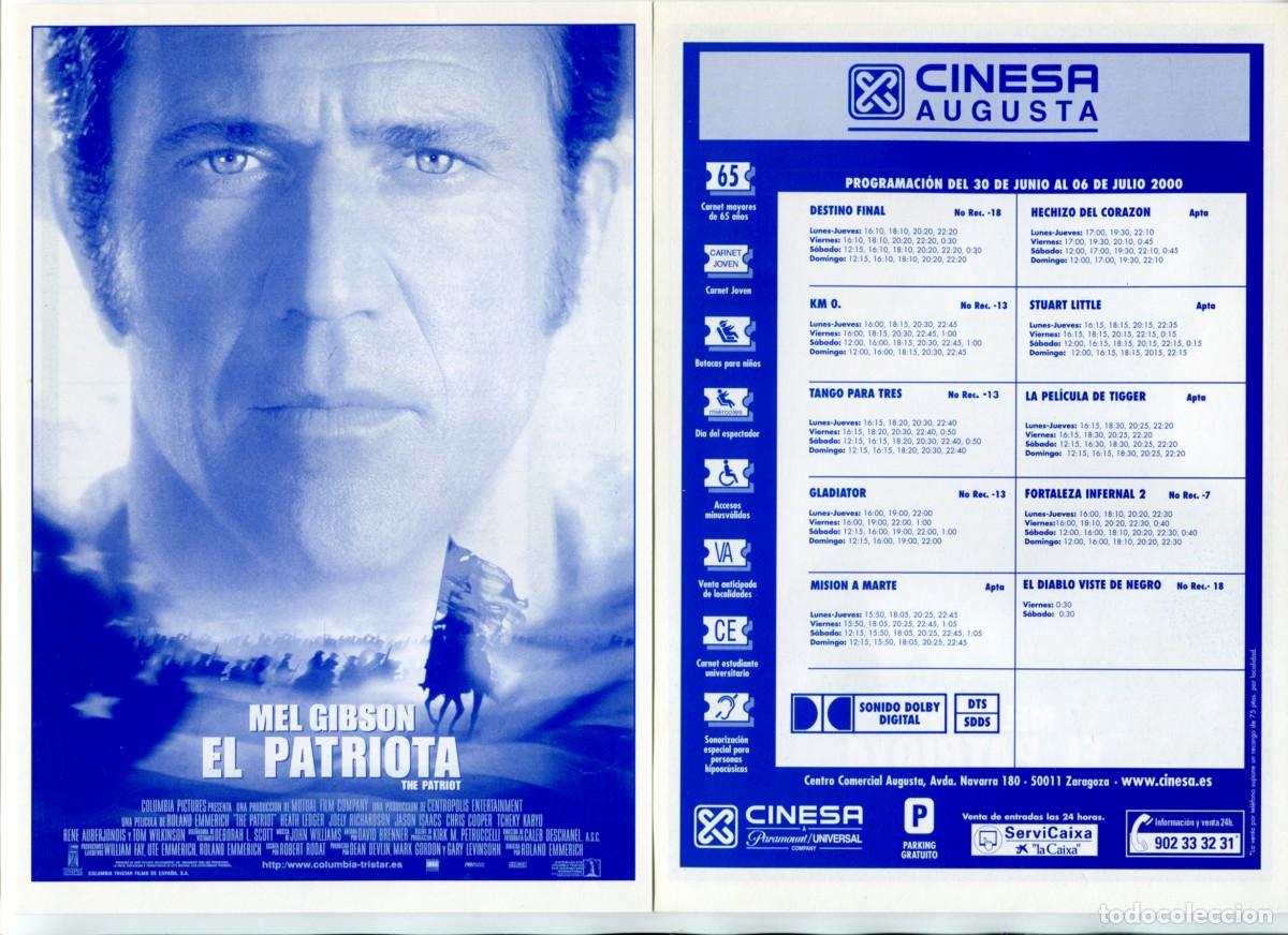  Foglietti di film di film antichi di cinema: EL PATRIOTA, con Mel Gibson. 15 X 21 cms. PROGRAMA DE CINESA.