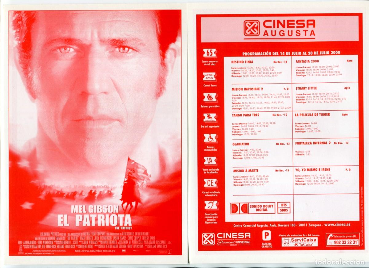  Foglietti di film di film antichi di cinema: EL PATRIOTA, con Mel Gibson. 15 X 21 cms. PROGRAMA DE CINESA.