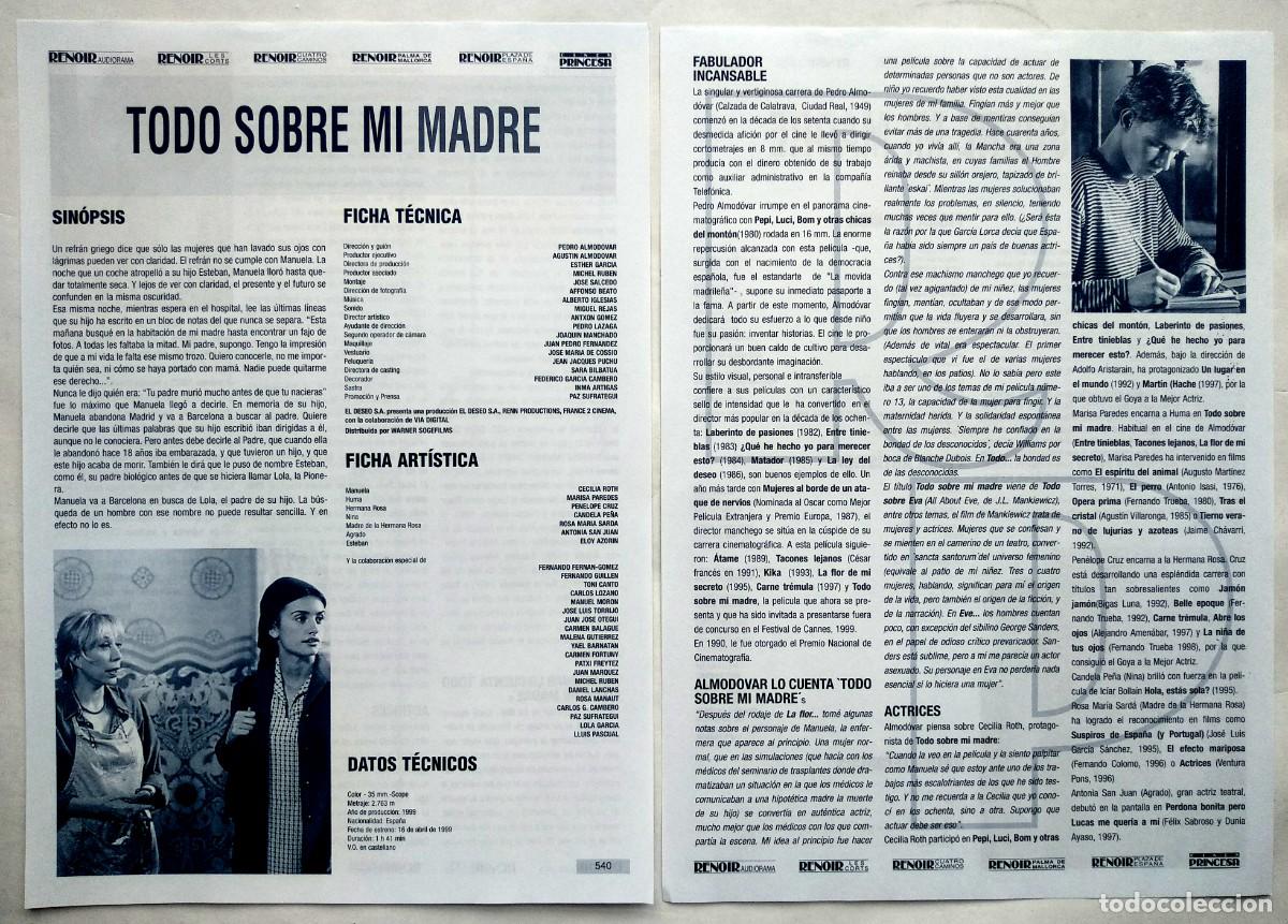  Foglietti di film di film antichi di cinema: TODO SOBRE MI MADRE, con Pen&eacute;lope Cruz . 20,5 X 29,5 cms. PROGRAMA DE LOS RENOIR.