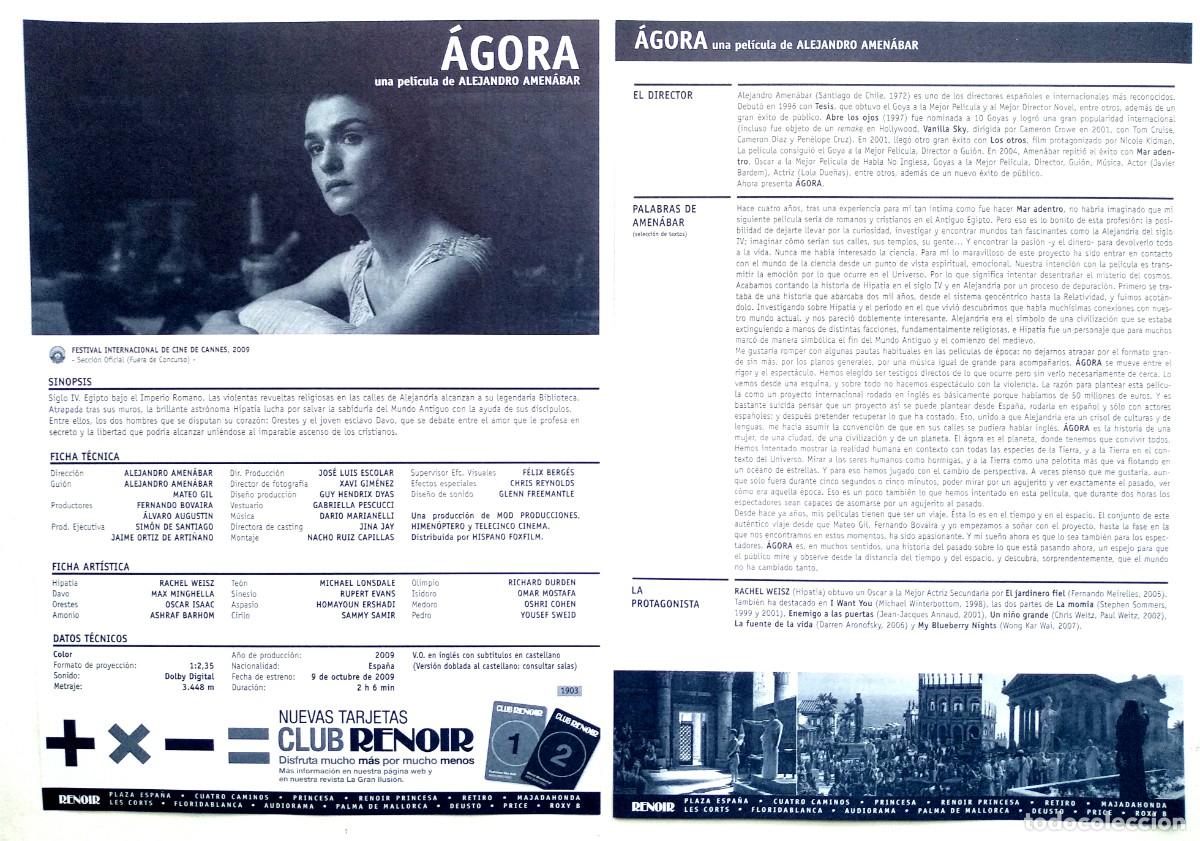  Foglietti di film di film antichi di cinema: &Aacute;GORA, con Rachel Weisz. 20,5 X 29,5 cms. PROGRAMA DE LOS RENOIR.