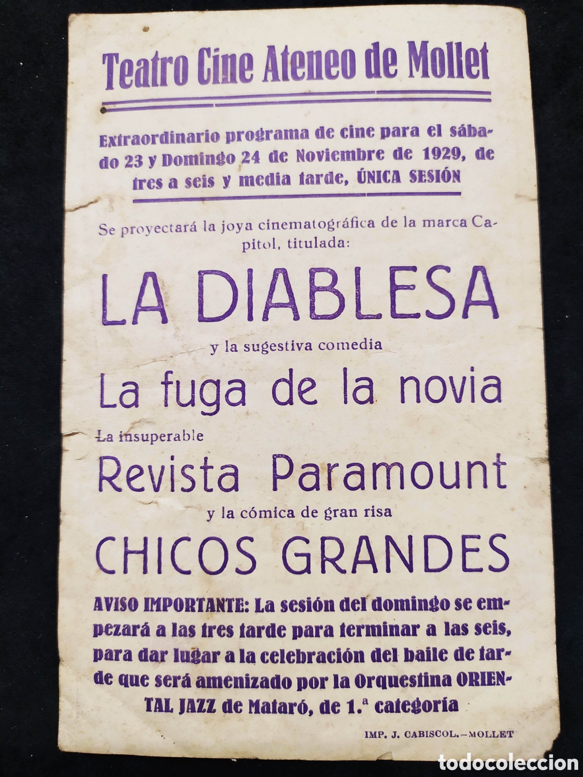 Cine: Juliette Compton. Programa de mano , La Diablesa. Ateneo Mollet. - Foto 2