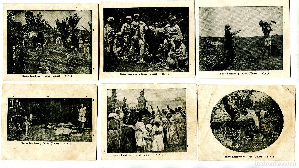  Foglietti di film di film antichi di cinema: ENTRE HOMBRES Y FIERAS. 6 CROMOS- FOTOTIPIAS 7 X 9 cms., COLECCI&Oacute;N COMPLETA. 1913-15.
