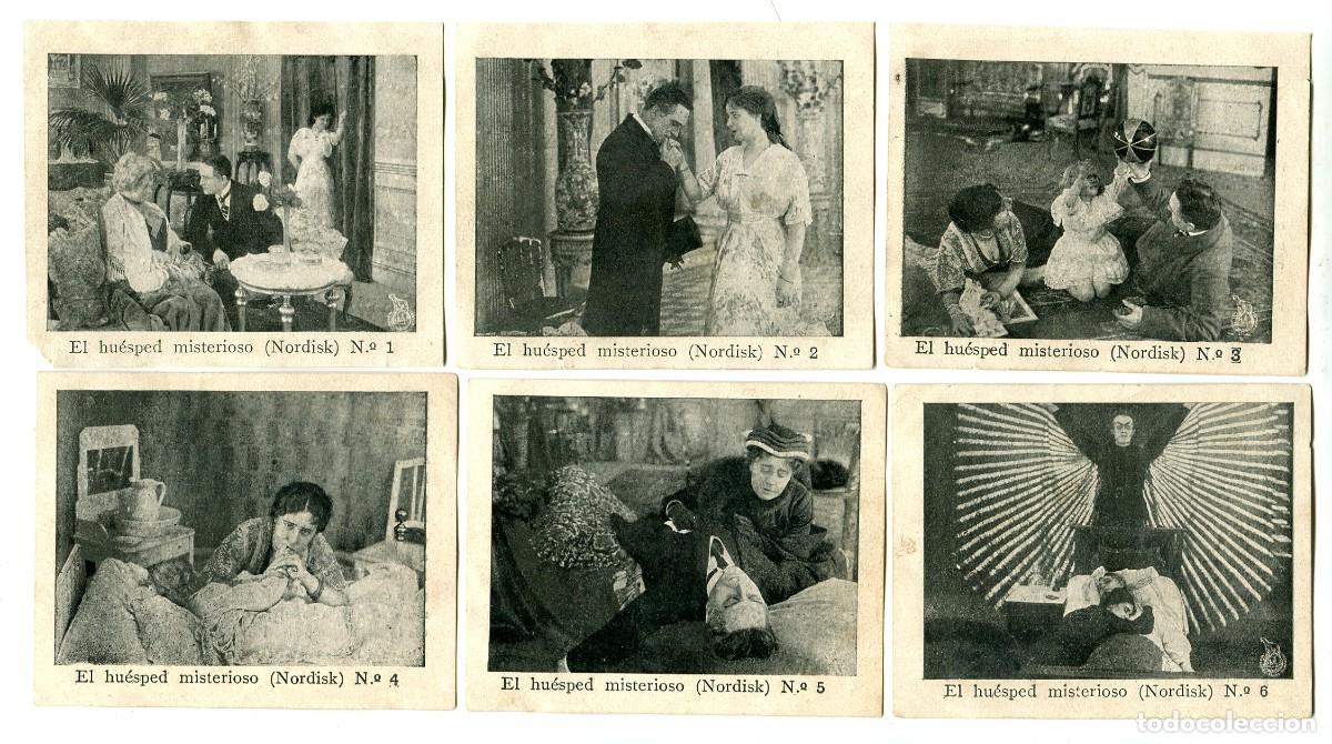 Cine: EL HUESPED MISTERIOSO.. 6 CROMOS- FOTOTIPIAS 7 X 9 cms., COLECCI&Oacute;N COMPLETA. 1913-15.