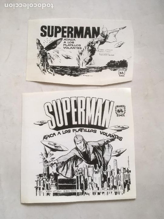  Foglietti di film di film antichi di cinema: superman ataca los platillos volantes 2 cliches de prensa folleto de mano original estreno