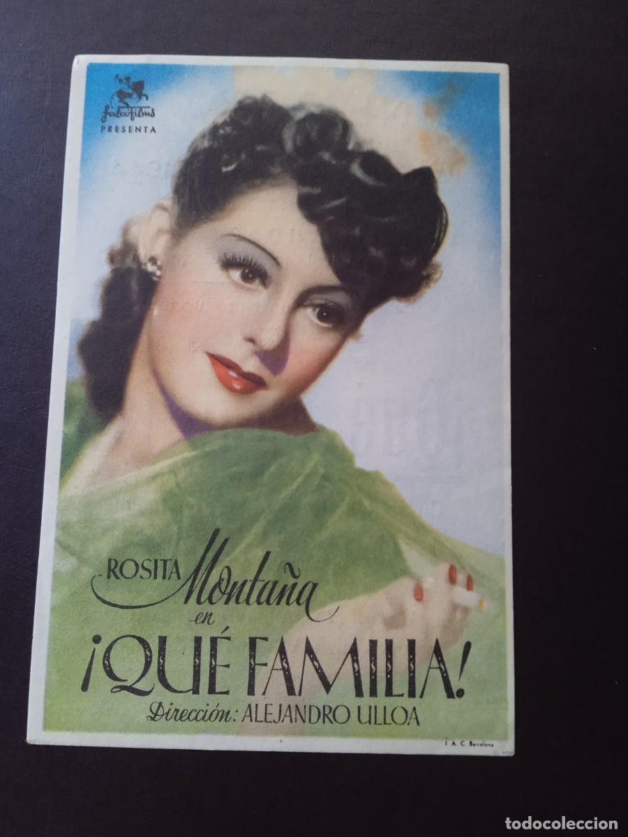 Folhetos de m&atilde;o de filmes antigos de cinema: Que familia con publicidad Cine Goya