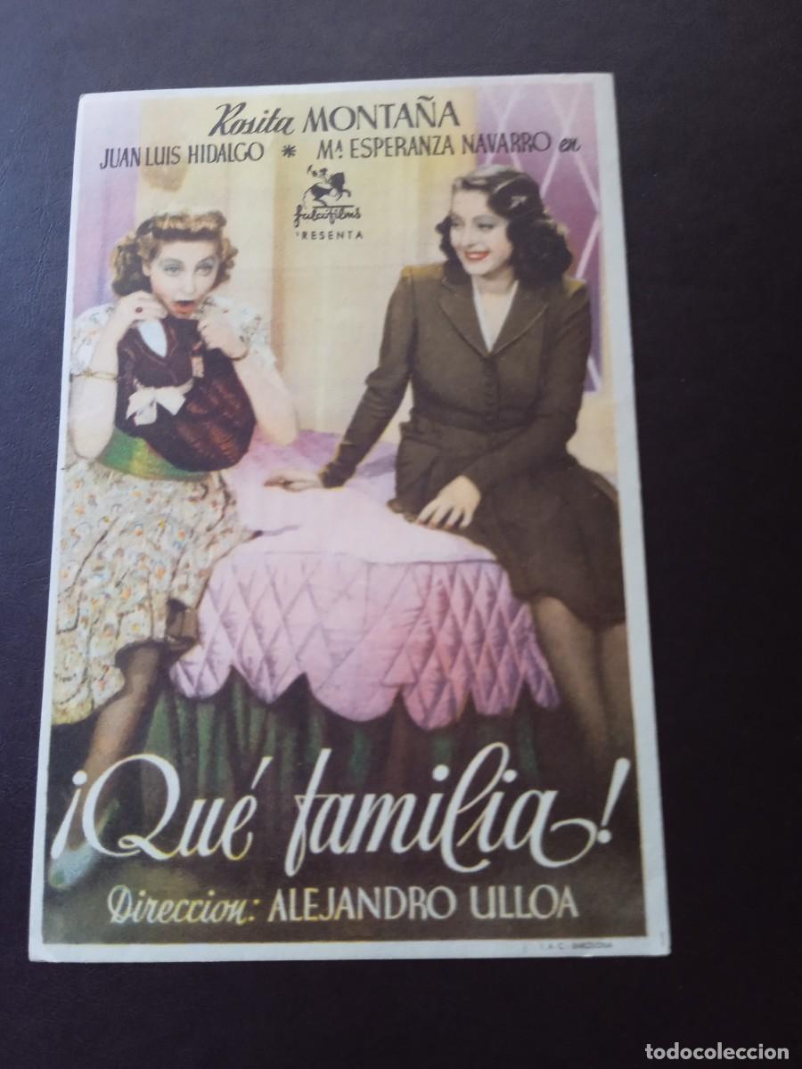 Folhetos de m&atilde;o de filmes antigos de cinema: Que familia con publicidad Cine Avenida Sevilla
