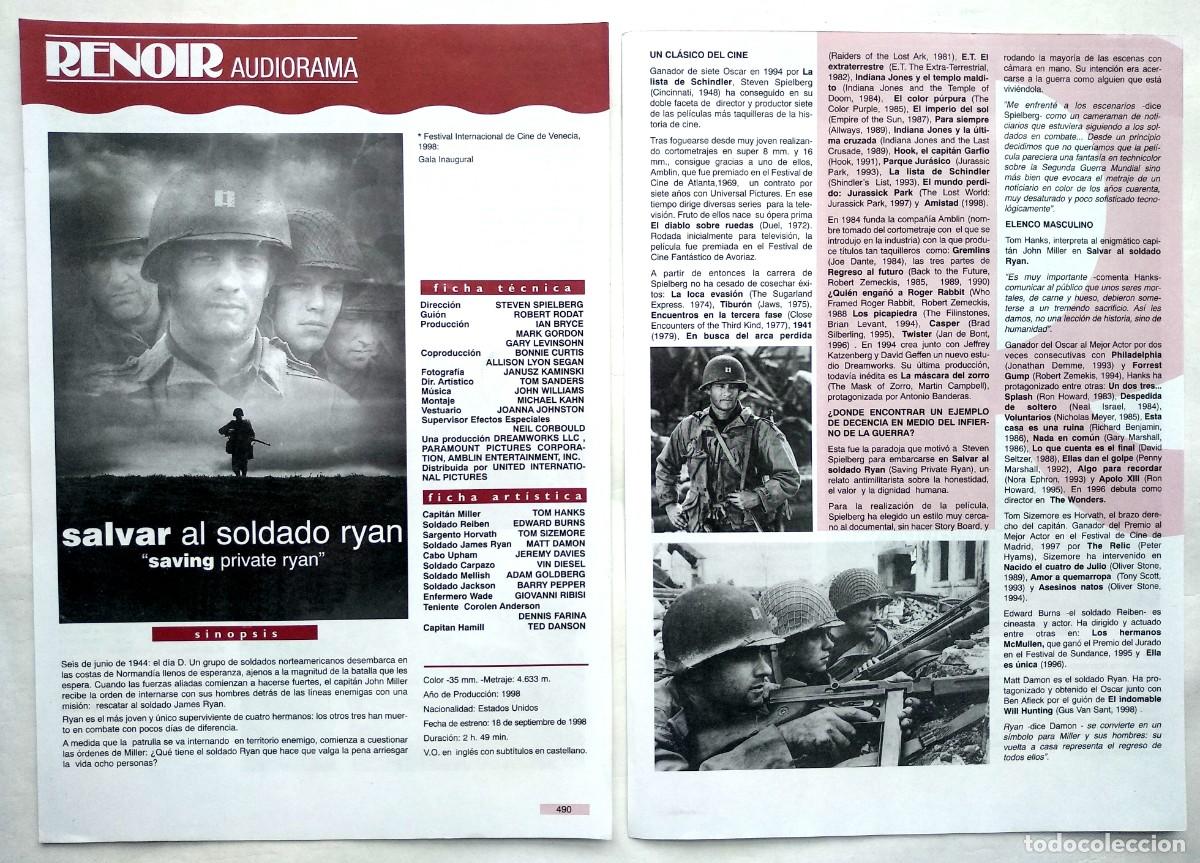 Cine: SALVAR AL SOLDADO RYAN . 20,5 X 29,5 cms. PROGRAMA DE RENOIR. - Foto 1