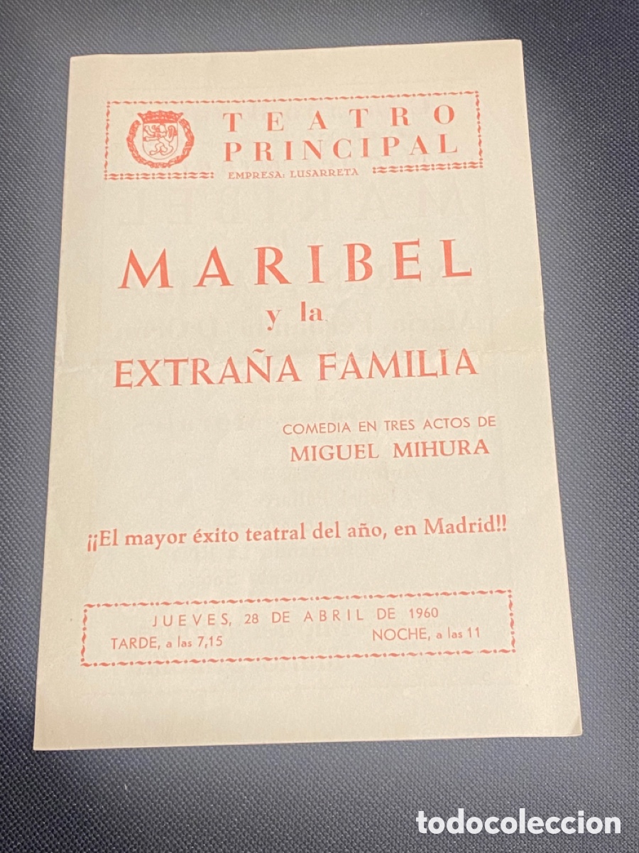Cine: PROGRAMA TEATRO PRINCIPAL ZARAGOZA. 1960. MARIBEL Y LA EXTRA&Ntilde;A FAMILIA, MICGUEL MIHURA