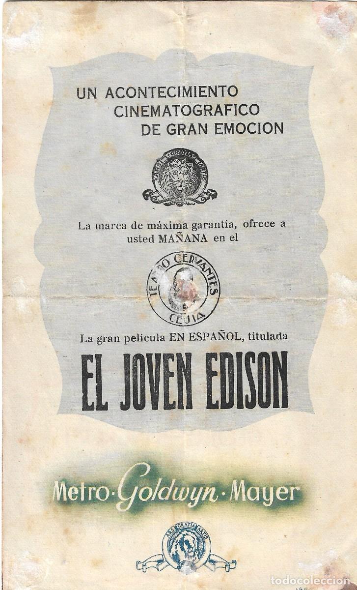 Cine: PROGRAMA DOBLE - EL JOVEN EDISON - MICKEY ROONEY - TEATRO CERVANTES (Ceuta) - 1940. - Foto 3