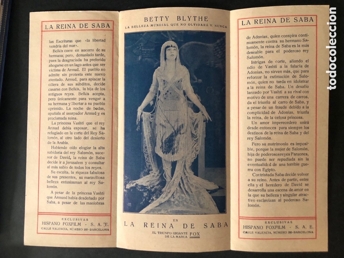 Folhetos de m&atilde;o de filmes antigos de cinema: Programa cine mudo hispano foxfilm la reina de saba Betty Blythe