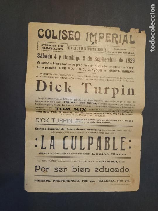 Cinema: COLISEO IMPERIAL - DICK TURPIN - A&Ntilde;O 1926 - PROGRAMA ANTIGUO -VER FOTOS-(K-10.522)