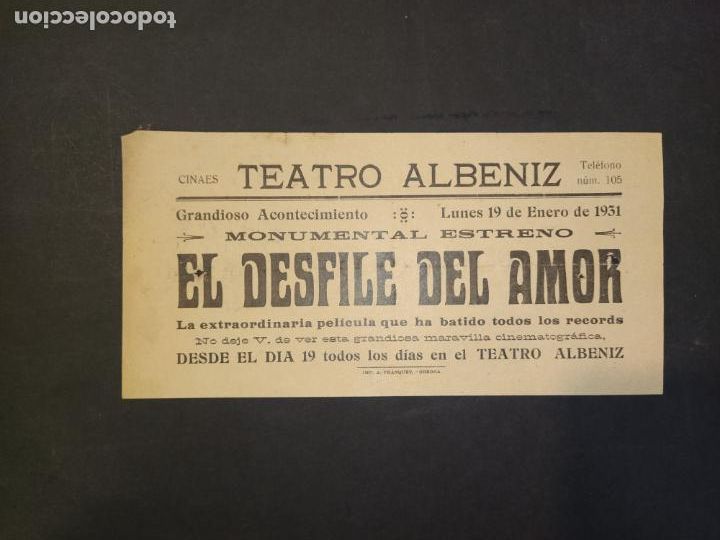 Cinema: COLISEO IMPERIAL-EL DESFILE DEL AMOR-A&Ntilde;O 1931-PROGRAMA ANTIGUO-VER FOTOS-(K-10.524)