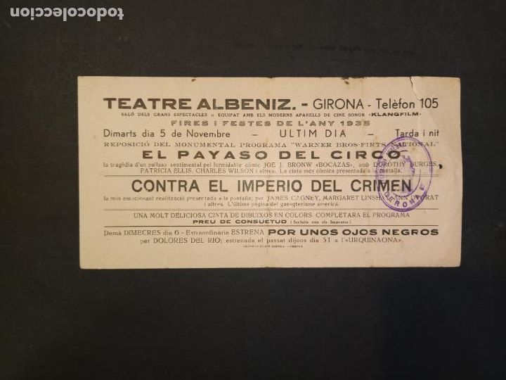 Cinema: GIRONA-TEATRE ALBENIZ-EL PAYASO DEL CIRCO-A&Ntilde;O 1935-PROGRAMA ANTIGUO-VER FOTOS-(K-10.526)