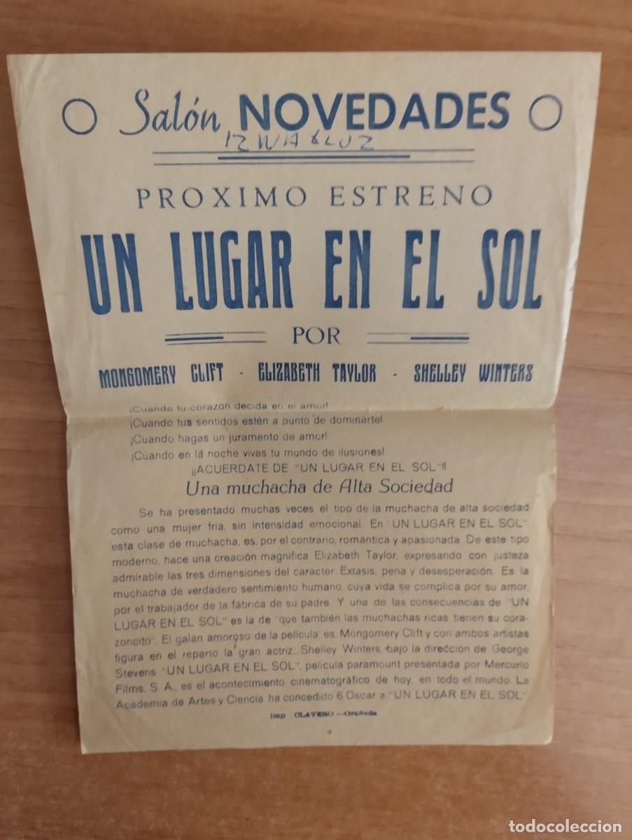 Folhetos de m&atilde;o de filmes antigos de cinema: rojo-PROGRAMA DE CINE LOCAL - UN LUGAR EN EL SOL ct