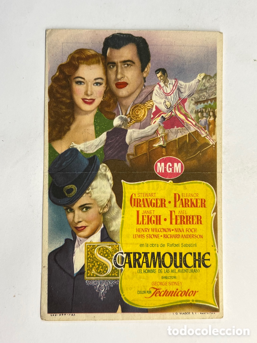 Cine: VALENCIA CINE PALACIO. SCARAMOUCHE, con STEWART GRANGER, ELEANOR PARKER (h.1952?)