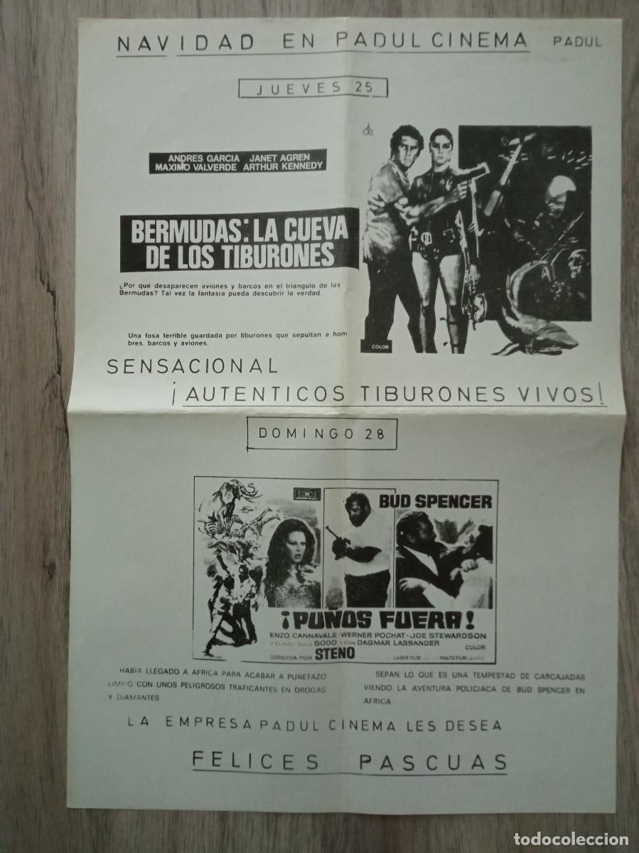  Flyers Publicitaires de films Anciens: BERMUDAS: LA CUEVA DE LOS TIBURONES Y PU&Ntilde;OS FUERA, FOLLETO LOCAL PADUL CINEMA DE PADUL, GRANADA
