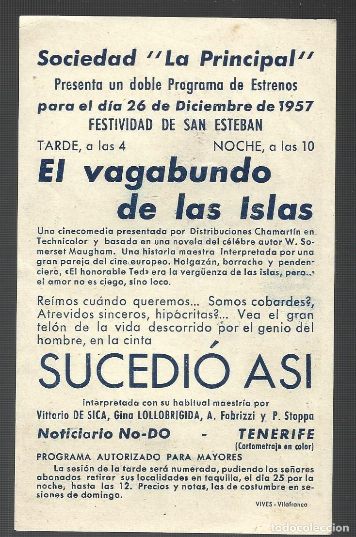 Cine: 1 folleto programa cine a&ntilde;o 1957 EL VAGABUNDO DE LAS ISLAS - Foto 2