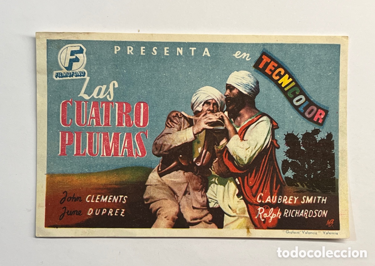 Cine: GRAN CINE CORU&Ntilde;A. Las Cuatro Plumas, con John Clements. Aventuras (a.1939) Ilustra Gr&aacute;ficas Valencia