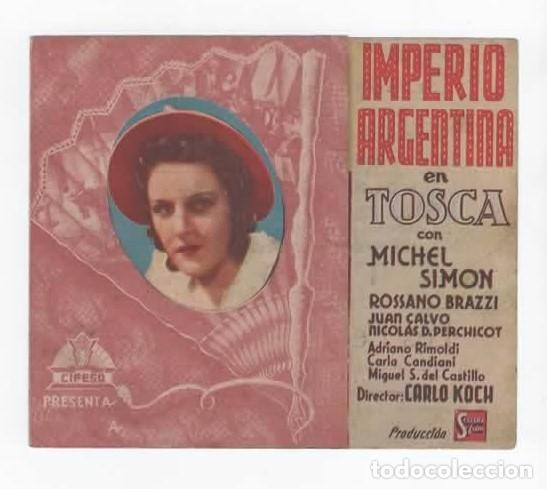 Kino: Programa de mano doble troquelada. Pelicula Tosca. Publicidad Cine Las Arenas Barcelona 1943