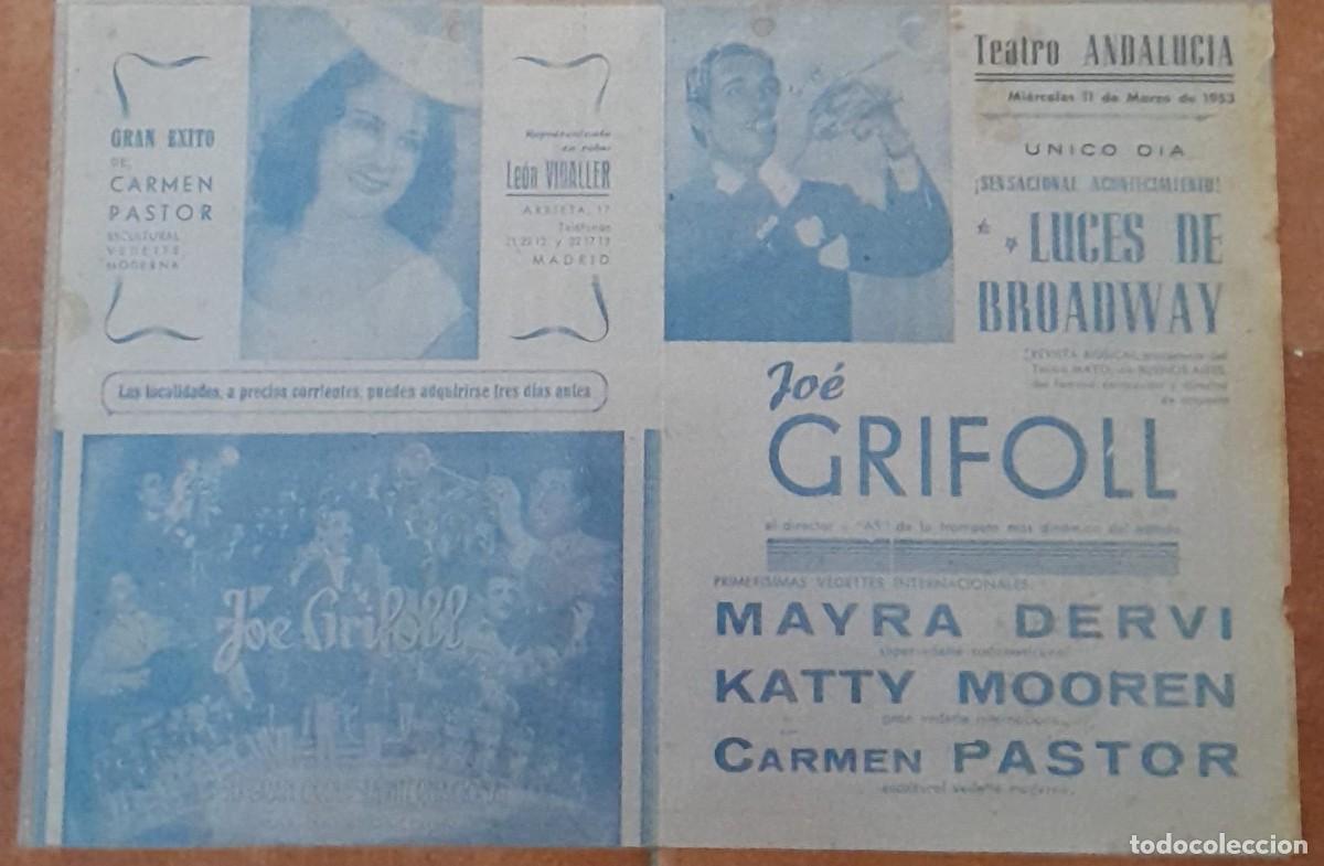 Cine: PROGRAMA DEL TEATRO ANDALUC&Iacute;A DE C&Aacute;DIZ, LUCES DE BROADWAY, 1953 - Foto 1