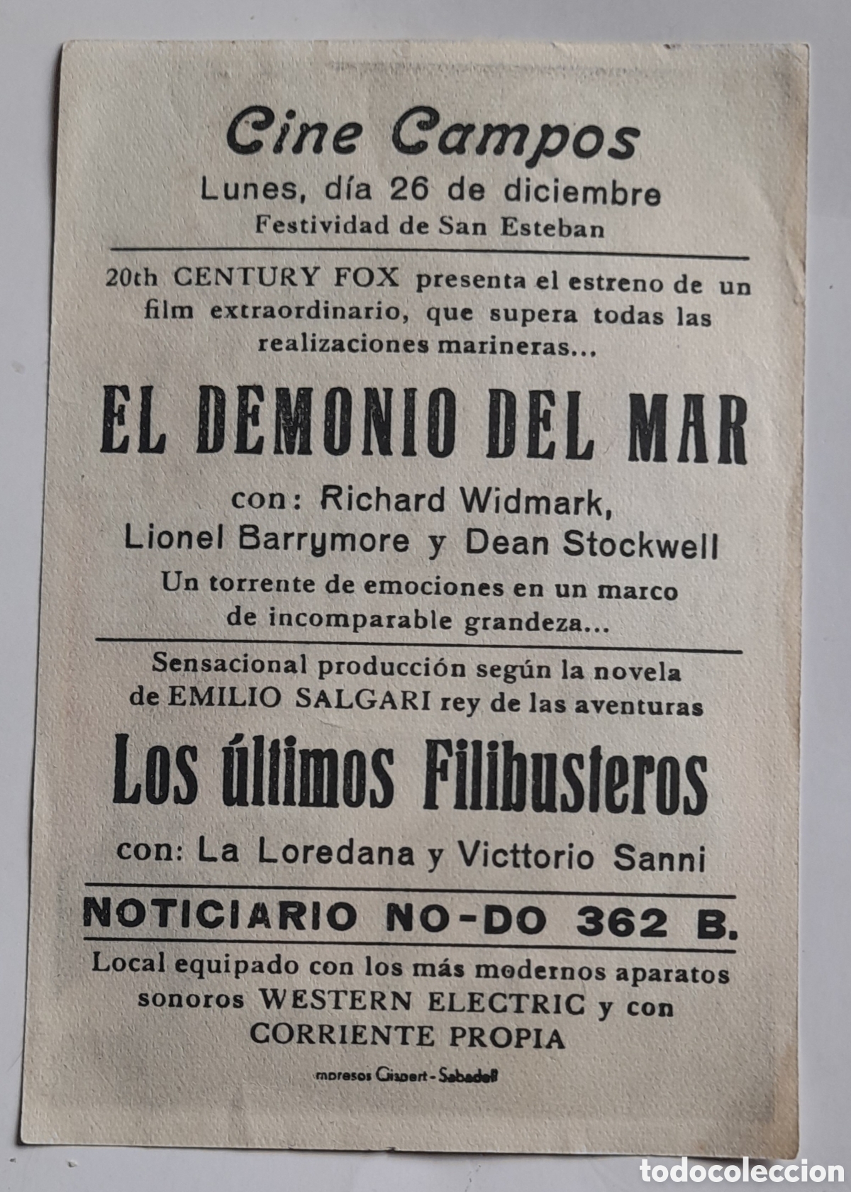 Cine: Programa de mano de la pel&iacute;cula LOS &Uacute;LTIMOS FILIBUSTEROS en el CINE CAMPOS. - Foto 2