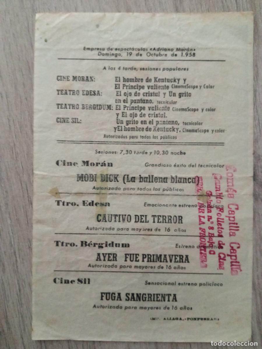 Cine: FUGA SANGRIENTA, WILLIAM BENDIX, CINE SIL, PONFERRADA, LEON, 1958 - Foto 2