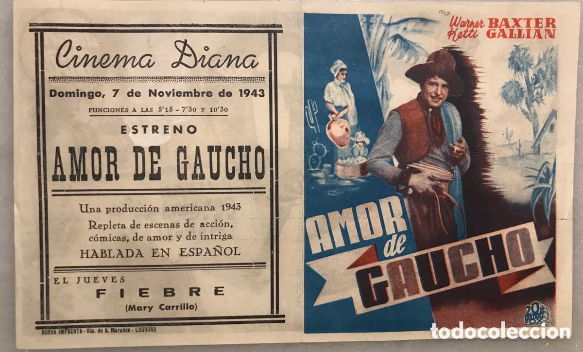 Kino: Folleto programa doble cine Amor de gaucho. Cinema Diana Murcia 1943