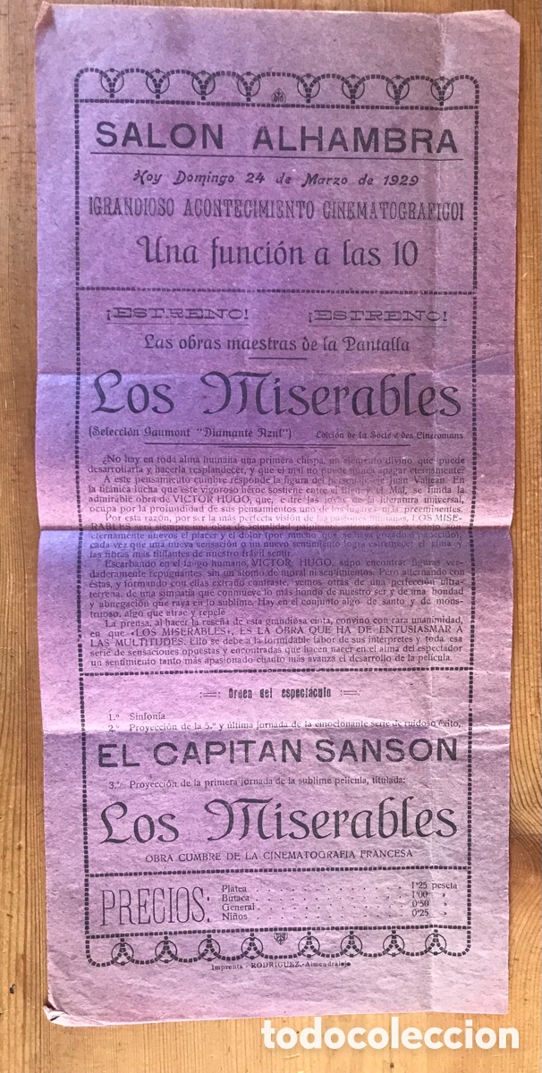Kino: Programa folleto doble cine mano local. LOS MISERABLES. Cine Alhambra 1933