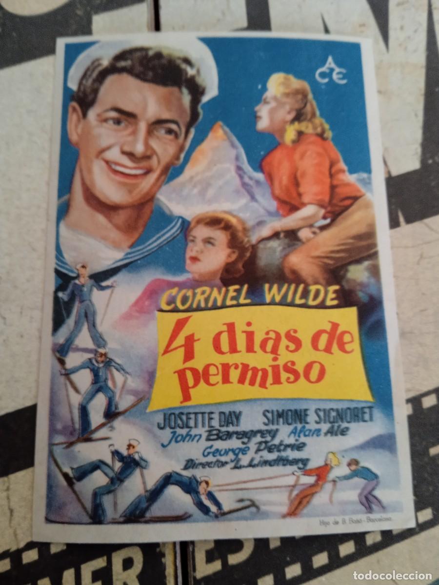 Folhetos de m&atilde;o de filmes antigos de cinema: 4 D&iacute;as de permiso con publicidad Cinema Recreo Tarrasa