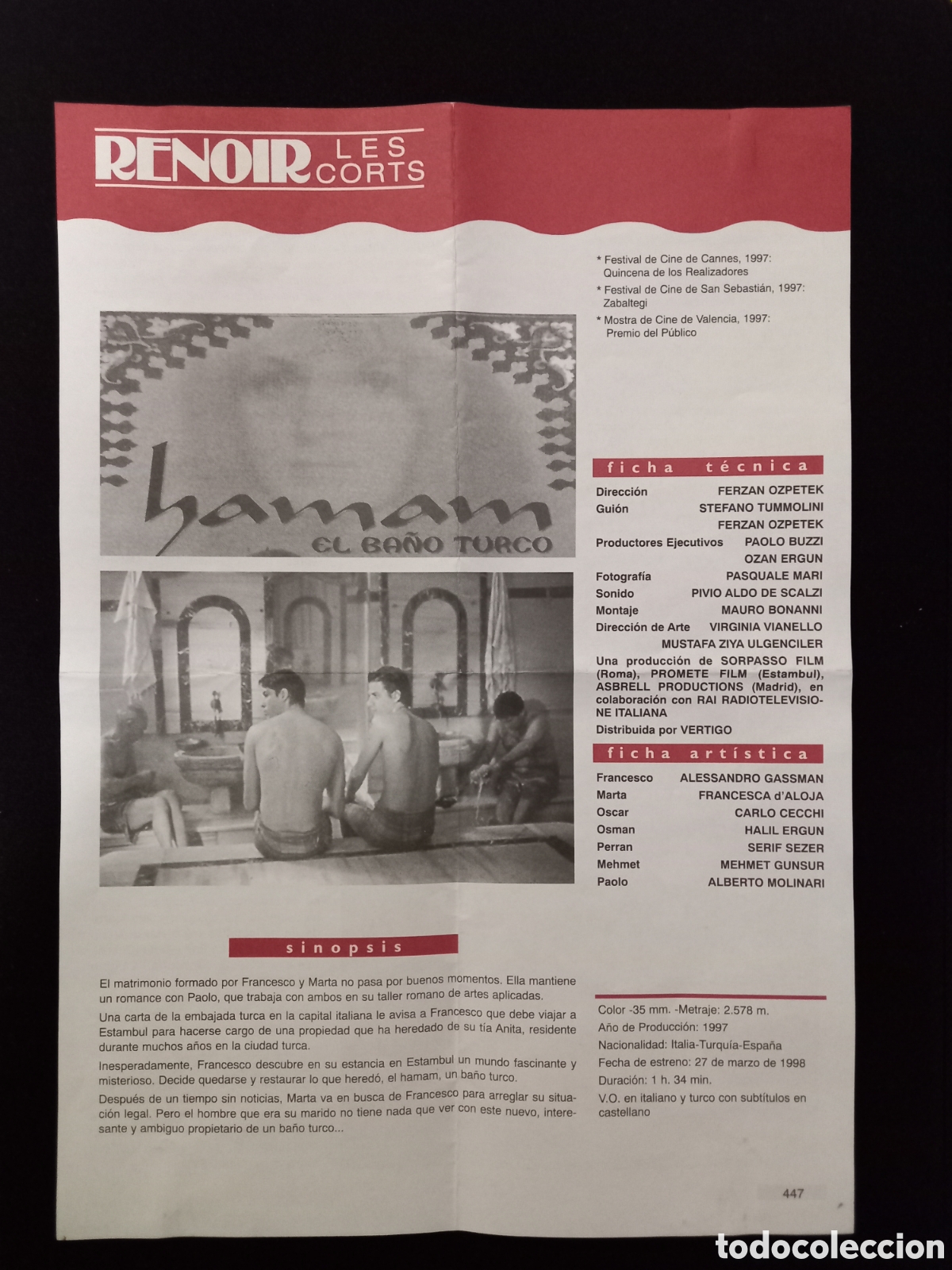 Cinema: &rdquo;HAMAM, EL BA&Ntilde;O TURCO&rdquo; Director: Ferzan Oztepek Folleto + Entradas Cinemes Renoir Les Corts 19.04.98