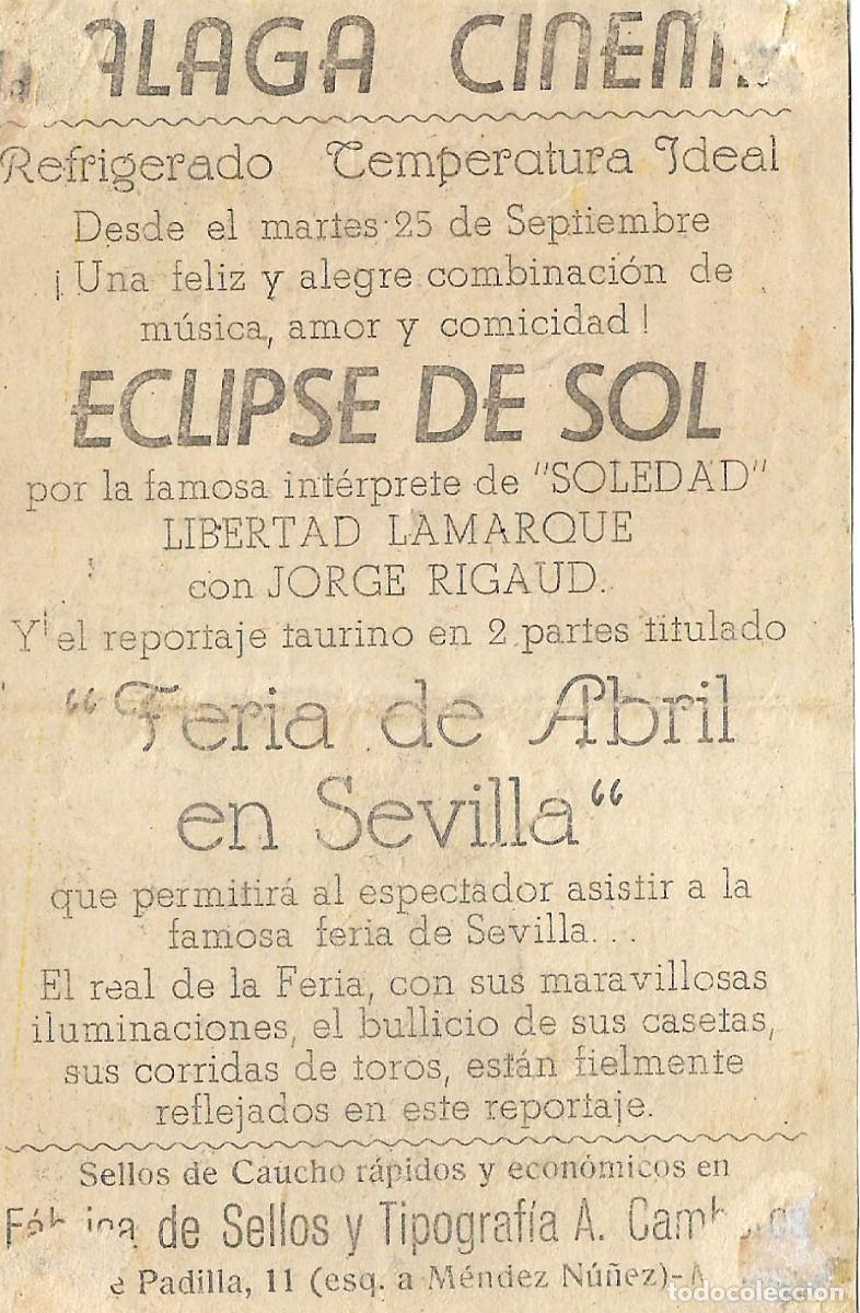 Cine: PROGRAMA DE CINE - ECLIPSE DE SOL - LIBERTAD LAMARQUE, JORGE RIGAUD - M&Aacute;LAGA CINEMA (M&aacute;laga) - 1953. - Foto 2