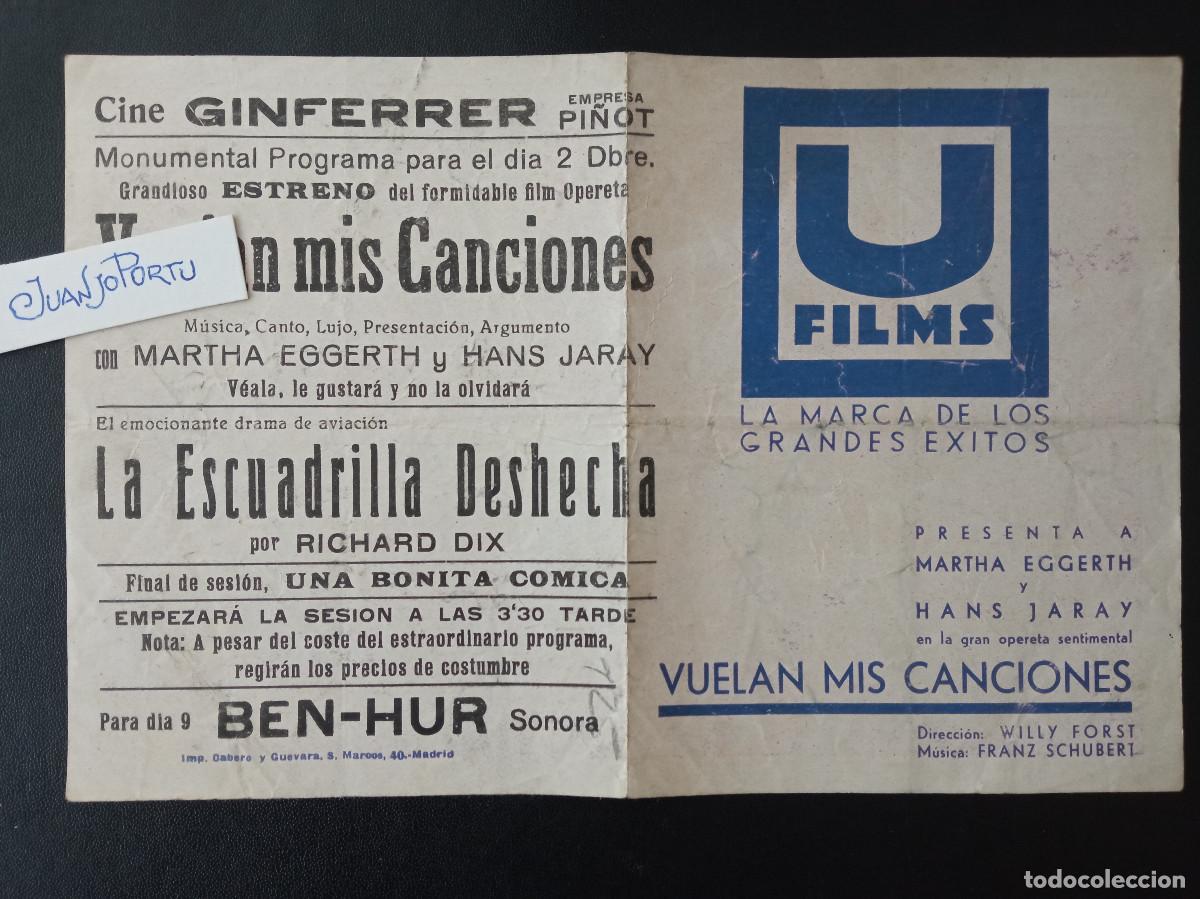 Cine: VUELAN MIS CANCIONES, MARTHA EGGERTH, CINE GINFERRER - Foto 1