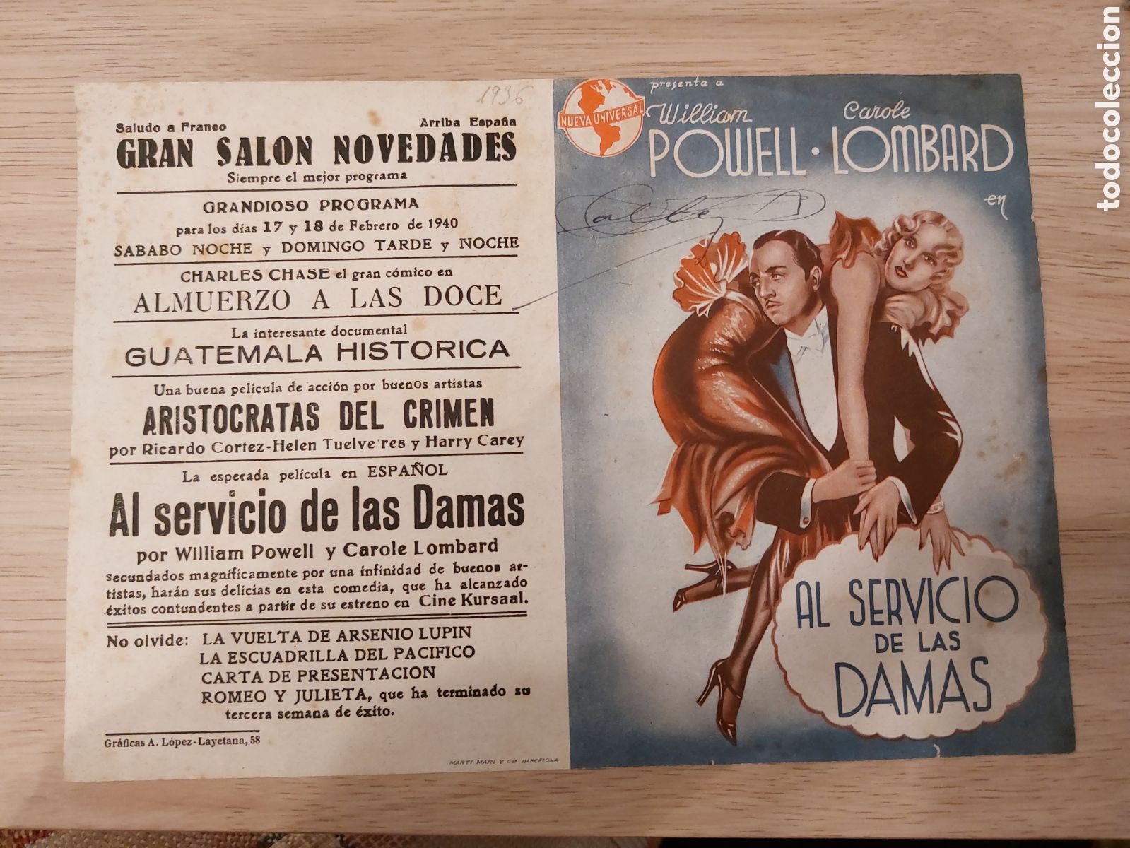Kino: Programa doble Al servicio de las damas. W. Powell , Carole Lombard Publicidad Gran Sal&oacute;n Novedades