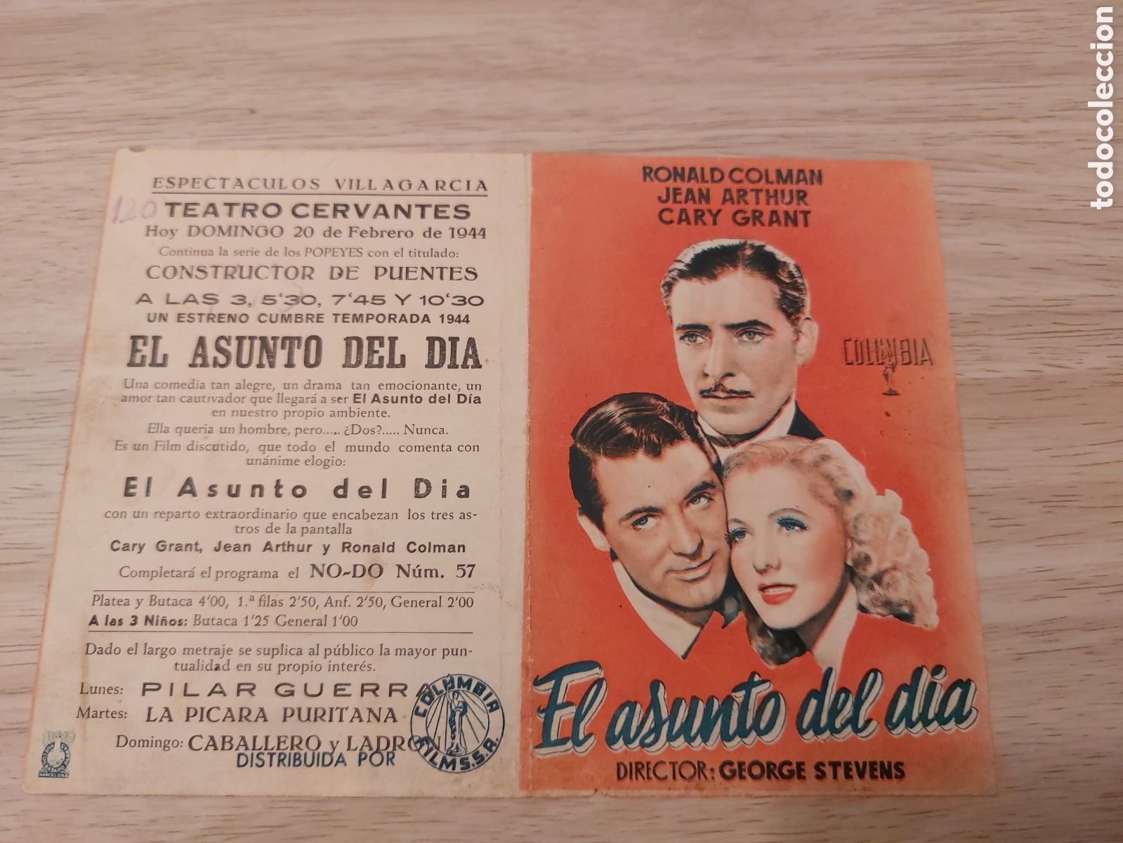 Kino: Programa doble El asunto del d&iacute;a Ronald Colman, Jean Arthur, Cary Grant. Publicidad Teatro Cervantes
