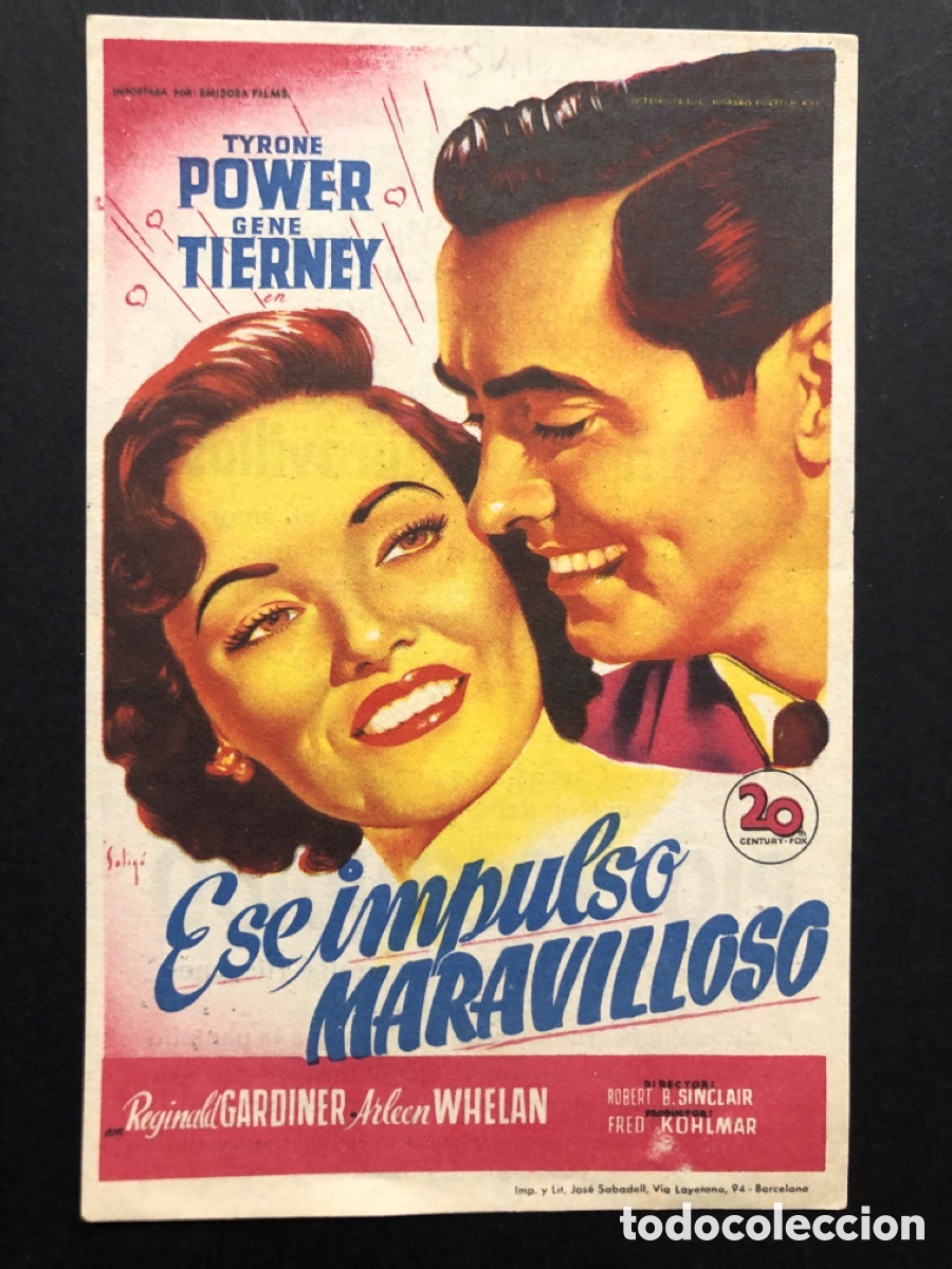 Cine: Programa soligo Gene tierney tyrone power ese impulso maravilloso con publicidad cine sur Mislata