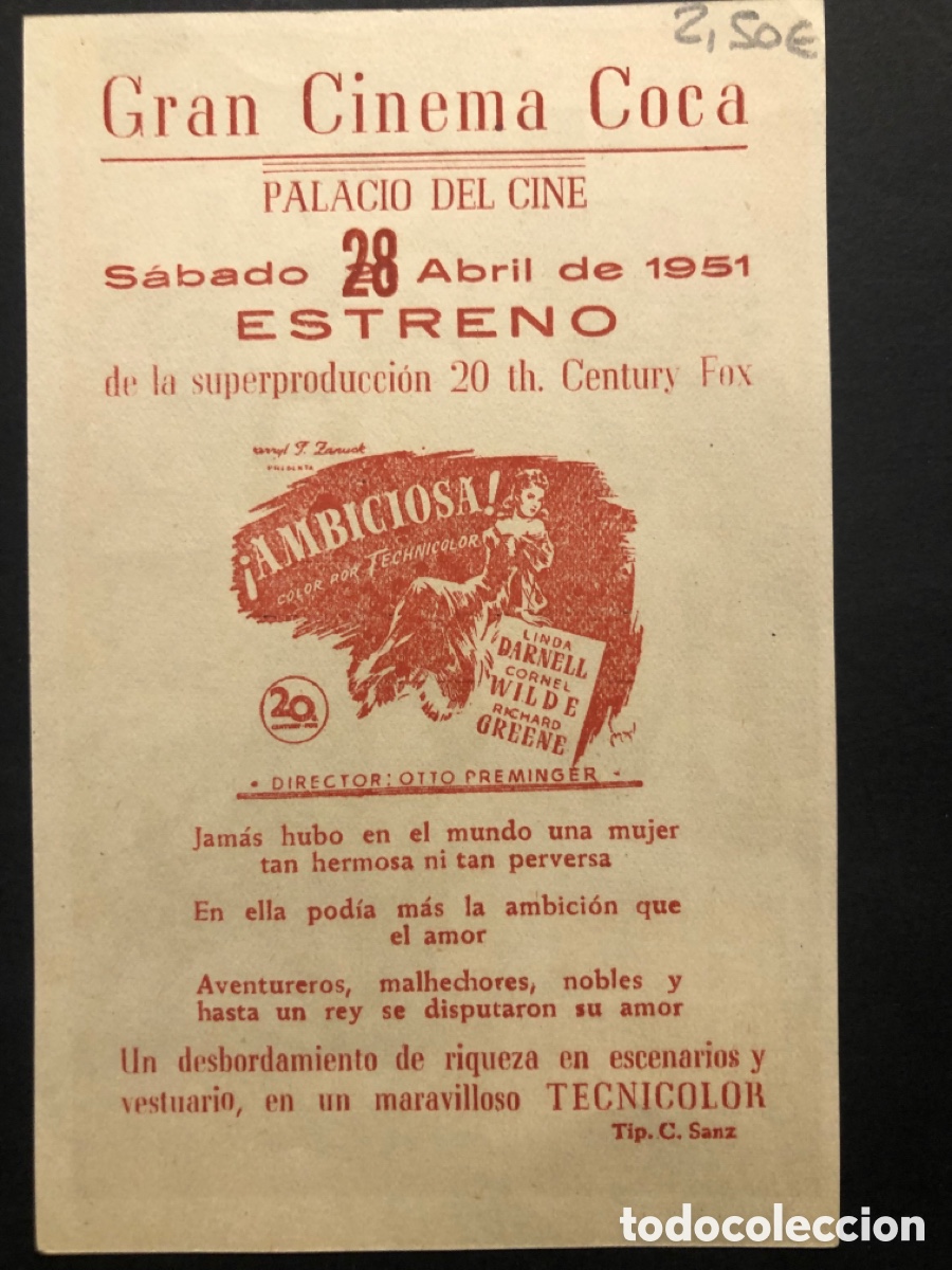 Cine: Programa soligo la ambiciosa linda darnell con publicidad gran cinema coca