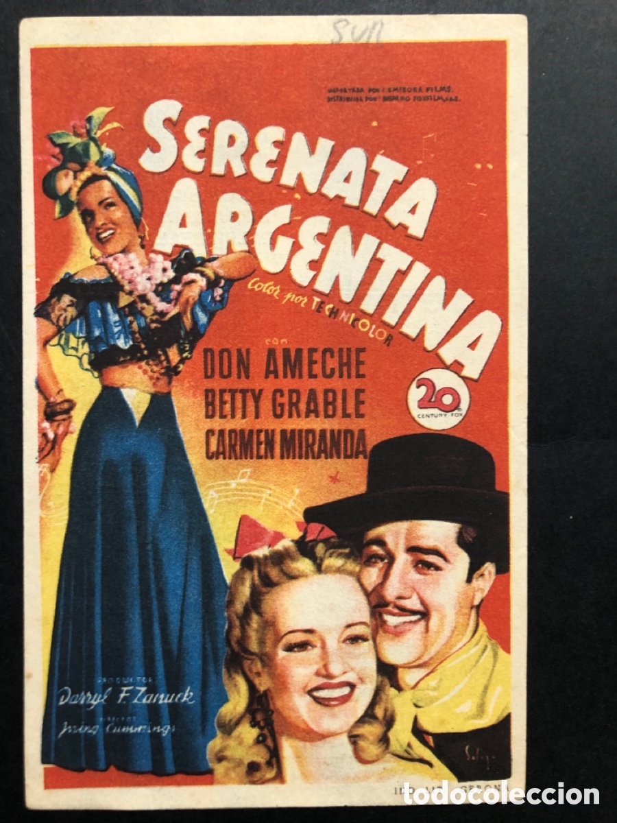 Cine: Programa soligo serenata argentina carmen miranda Betty grable con publicidad cine sur Mislata