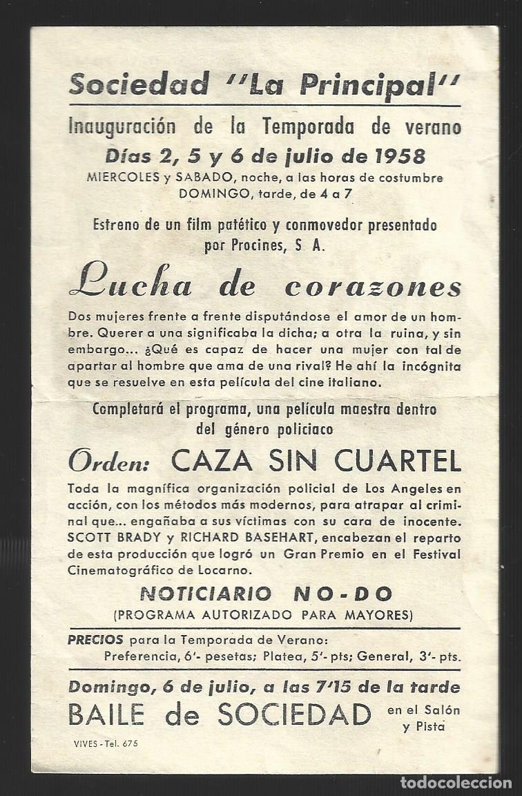 Cine: 1 folleto programa cine a&ntilde;o 1958 lucha de corazones - Foto 2