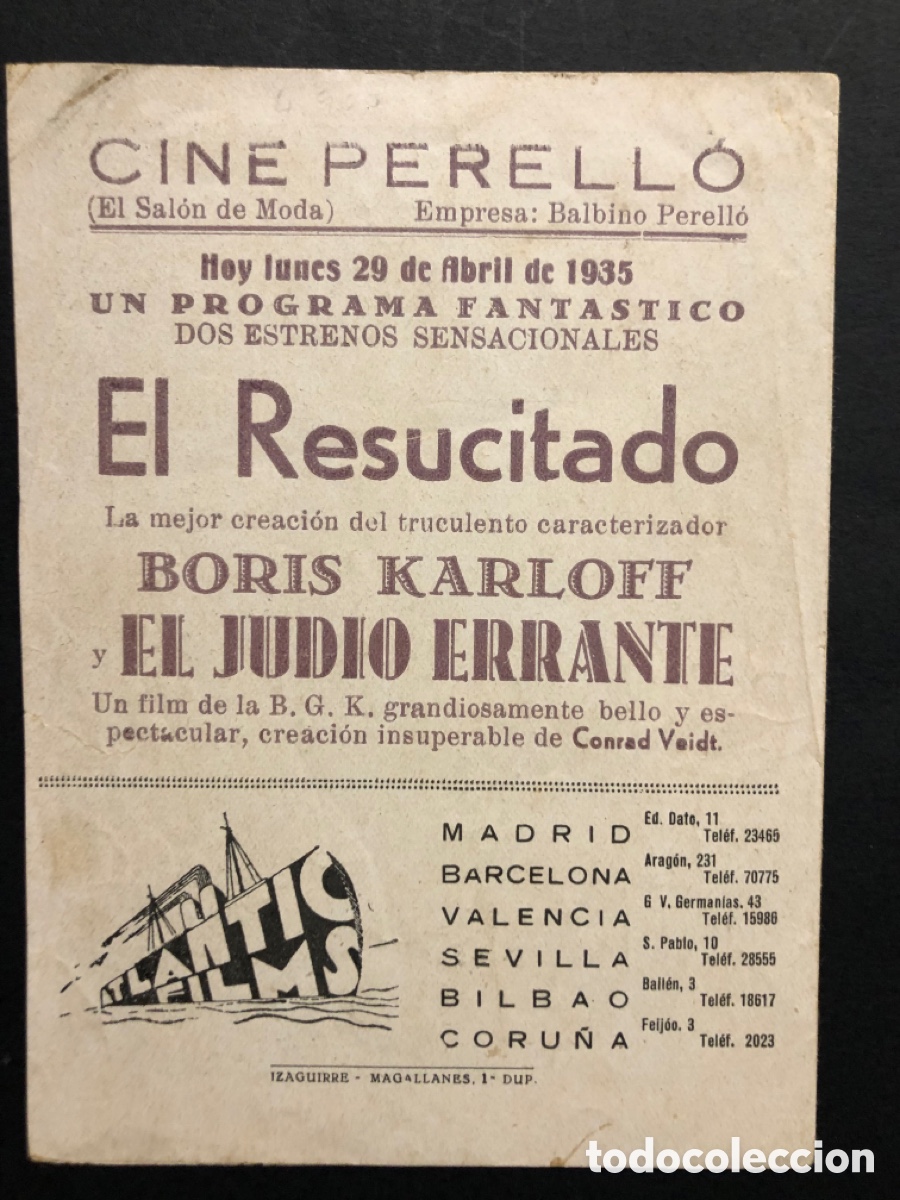 Cine: Programa el resucitado boris karloff con publicidad cine perello A4 - Foto 3