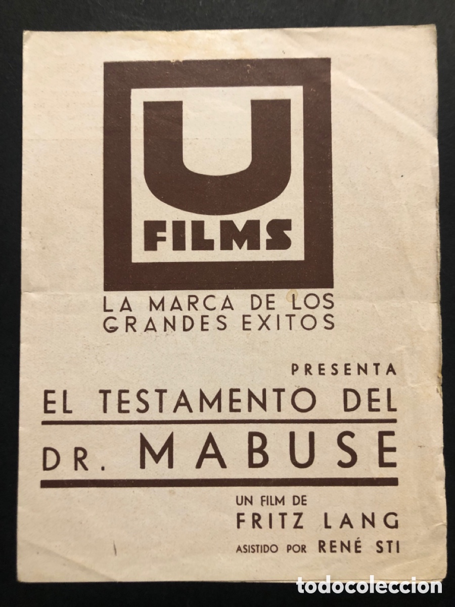 Cine: Programa el testamento del Dr Mabuse Fritz lang A4 - Foto 1
