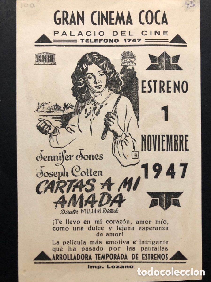  Foglietti di film di film antichi di cinema: Programa cartas a mi amada jennifer Jones con publicidad gran cinema coca valladolid A6