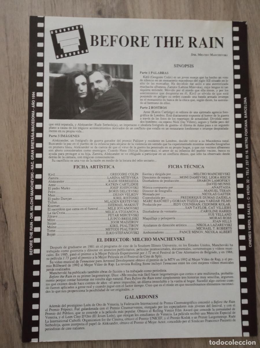  Flyers Publicitaires de films Anciens: BEFORE DE RAIN, CINEMES VERDI, BARCELONA, 1994