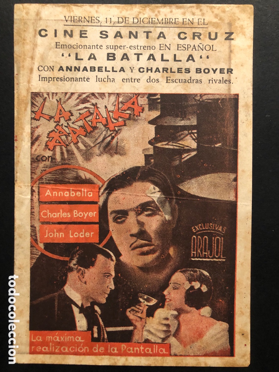 Folhetos de m&atilde;o de filmes antigos de cinema: Programa la batalla annabella charles boyer con publicidad cine Santa Cruz A6