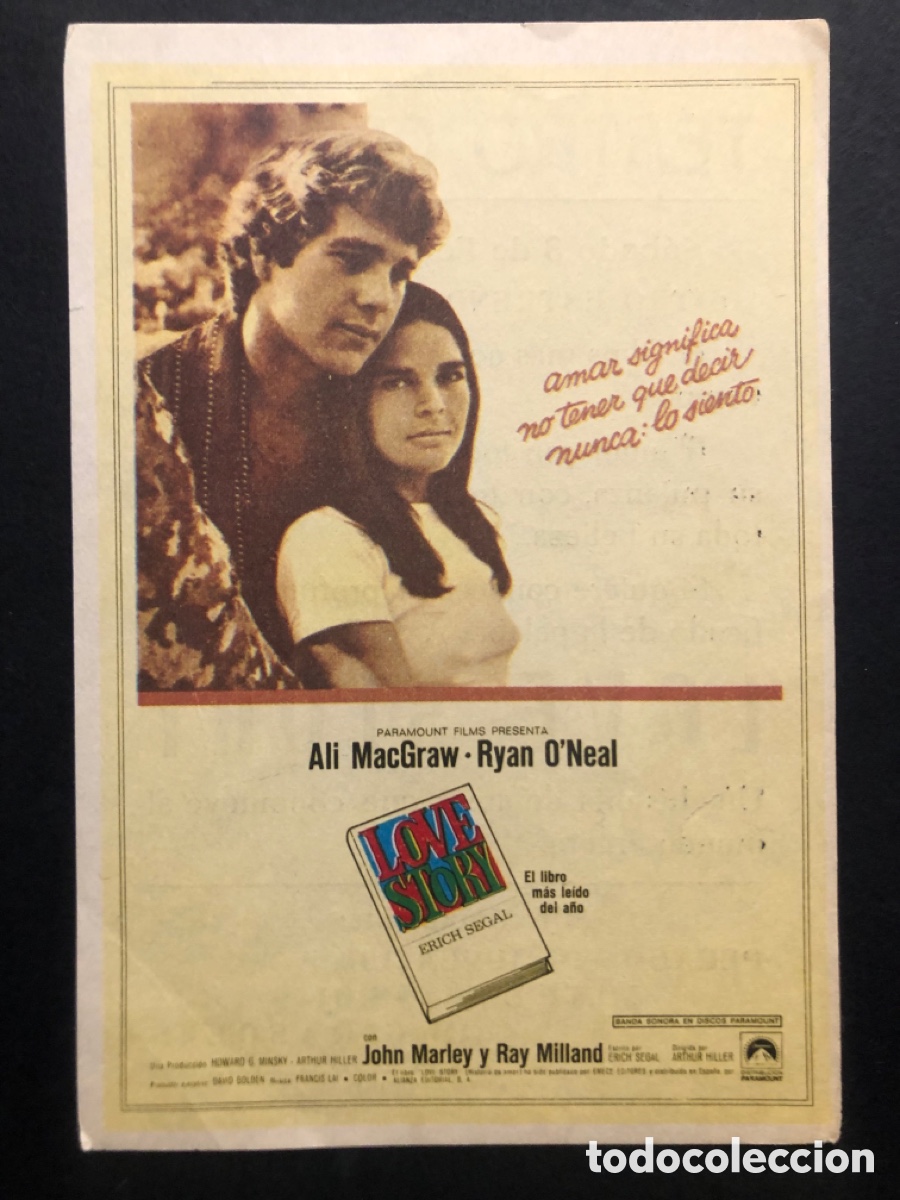 Folhetos de m&atilde;o de filmes antigos de cinema: Programa love story Ali MacGraw Ryan O,neal con publicidad teatro cerezo A6