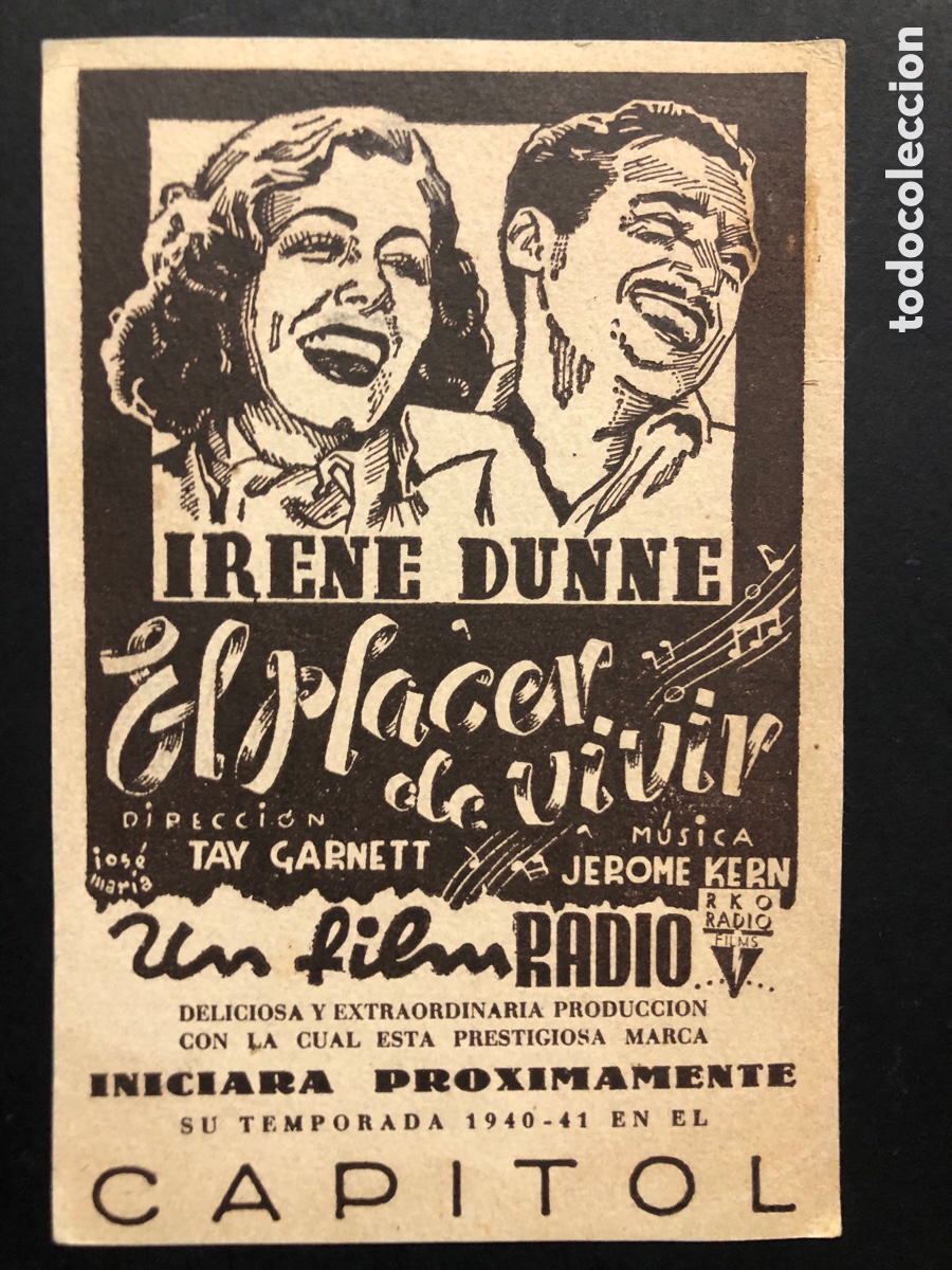 Kino: Programa tarjeta el placer de vivir irene Dunne con publicidad cine capitol A6