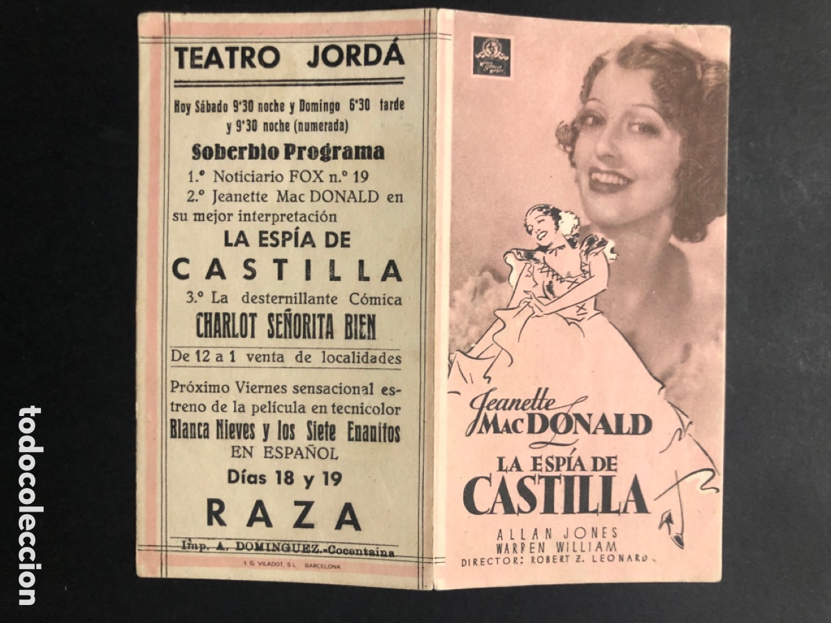  Flyers Publicitaires de films Anciens: Programa MGM la espia de castilla jeanette MacDonald con publicidad teatro jorda concentaina